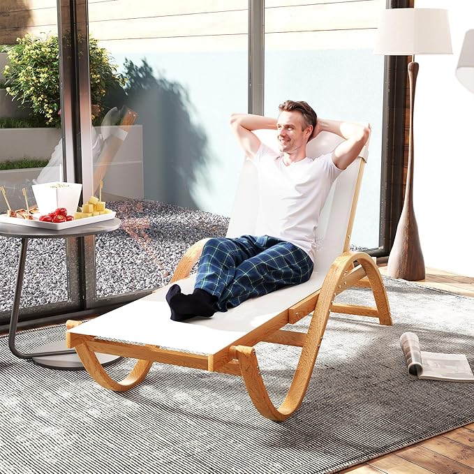 Outsunny Larch Wood Lounge Chair, 4-Level Adjustable Tanning Chair, Full Flat Patio Lounger with Mesh Seat, Outdoor Sun Chaise for Patio Beach, Cream White