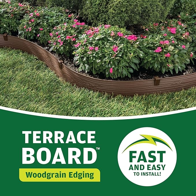 Master Mark Landscape Edging Coil (Terrace Board), 40 ft. x 4 in. Tall, Plastic Garden Edging Border with 10 Stakes, Brown