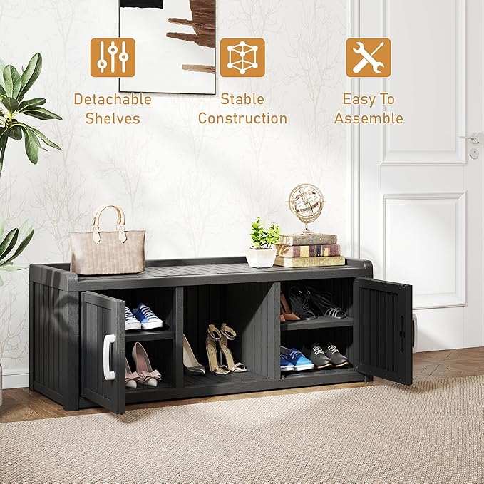 KAMABOKO Shoe Storage Cabinet Waterproof UV-Resistant, Entryway Storage Bench Indoor Outdoor with 2 Doors, Adjustable Shelves for Entryway, Bedroom, Hallway,Living Room(Black)