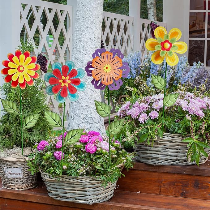 Metal Flowers for Outside,4 Pack 16.33" Decorative Garden Stakes with Swaying Flowers Head Yard Art,Spring Garden Decor for Lawn, Pathway & Yard
