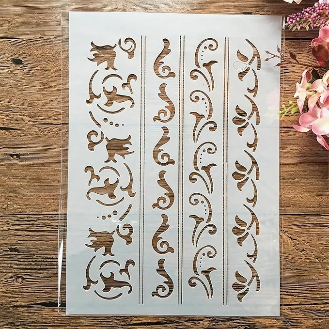 TIAMECH A4 Reusable Border Edge Corner Stencil for Painting - Furniture Floral Lines Layering Template, DIY Wall Art, Wood Furniture, Scrapbook & Crafts (8.3x11.7inch)