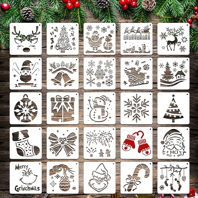 25 Pcs Christmas Stencils Reusable, 6x6 inch Christmas Stencils for Painting on Wood, Plastic Drawing Spraying Templates for Greeting Cards, Xmas Crafts Ornaments Wall Window Door DIY Decoration