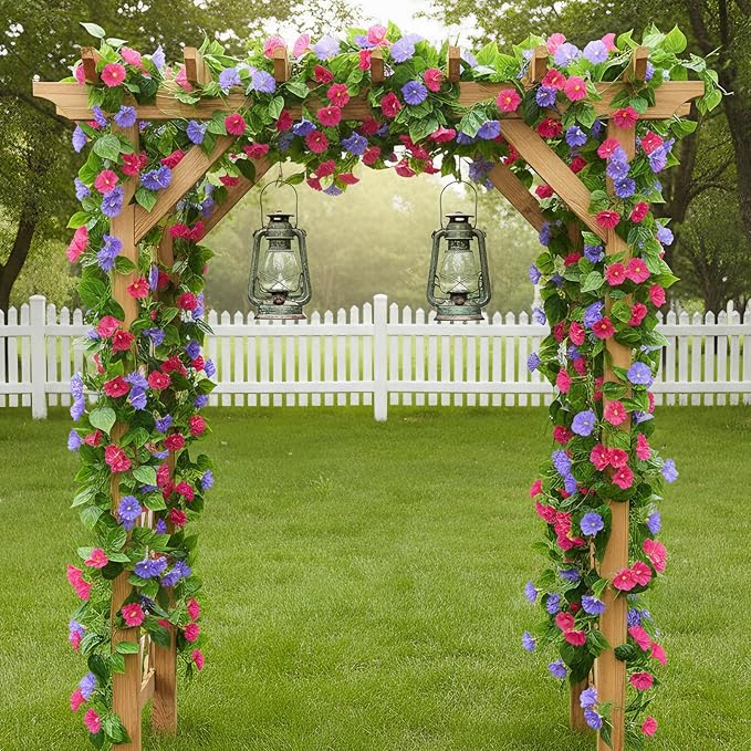 GTIDEA 4Pcs Fake Vines 30Feet Artificial Hanging Morning Glory Flower Garland Mixed Color Faux Vines for Outdoors for Wall Fence Indoor Wedding Decor