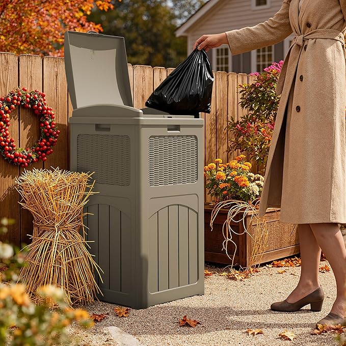 YESHOMY 33 Gallon Resin Outdoor Trash Can with Lid, Hideaway Waterproof Patio Garbage Bin, Coffee