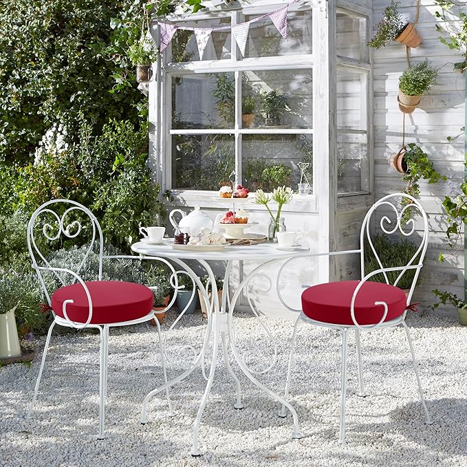 Outdoor Bistro Chair Cushions Set of 2, 15" D x 3" H Round Chair Cushions Waterproof and Fade Resistant Chair Cushion Pads with Non-Slip Ties and Removable Covers for Garden, Burgundy
