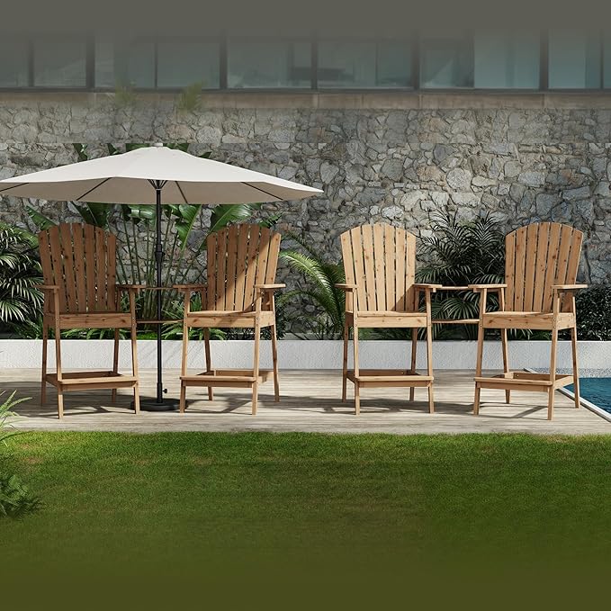 GarveeLife Outdoor Bar Height Adirondack Chairs with Connecting Tray, Balcony Chairs Adirondack for Deck, Backyard, Outdoor Tall Adirondack Chairs, Patio High Set of 4, Natural Wood