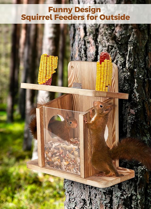 Squirrel Feeder for Outside, Thickened Solid Wooden Squirrel Feeders Platform, Chipmunk Feeder Hold Peanuts Corn Corn Cob, Durable Hanging Feeder Box Funny Squirrel Houses Picnic Table for Outdoors