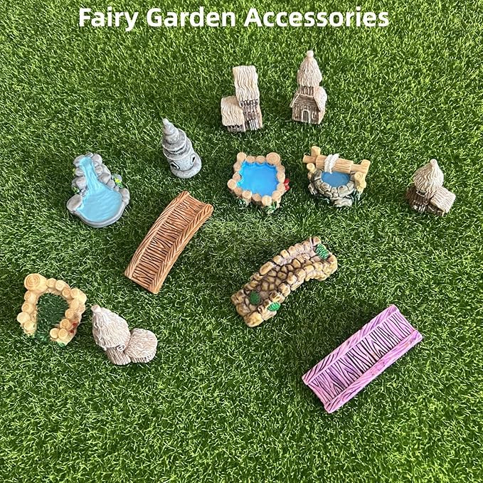 LONCESS Fairy Garden Accessories Miniature Tree House Bridge Mini Lighthouse Water Well Bridge Figurines Pond Lawn Ornament Figurines for DIY Craft Garden Decor,12 Peices