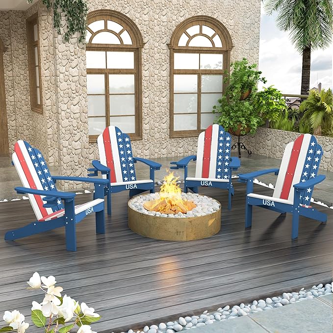 LUE BONA HDPS Adirondack Chairs Set of 6, Fire Pit Outdoor Chair Weather Resistant with Cup Holder, Modern Plastic Chair Plastic for Patio, Deck, Proch, 350LBS, Flag Blue