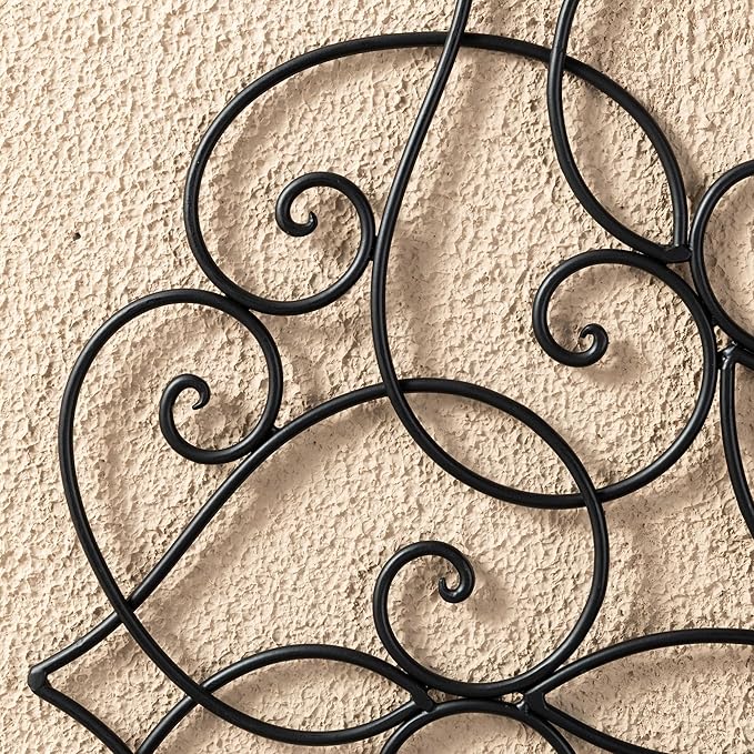 Glitzhome Black Metal Wall Art Decor, 23”H Floral Iron Wall Decor with Ornamental Scroll Design, Indoor Outdoor Wall Accent for Garden Porch Patio