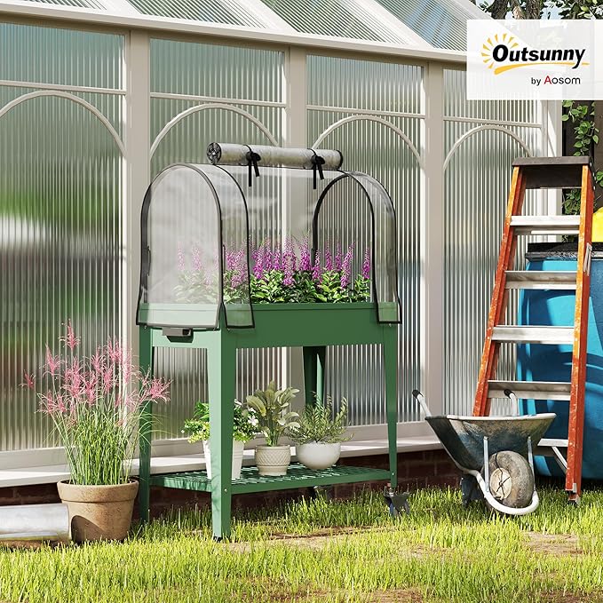 Outsunny Raised Garden Bed with Greenhouse Cover, Large Metal Outdoor Elevated Planter Box with Lockable Wheels, Storage Shelf and Drainage Hole for Vegetables, Flowers, Herbs, Green
