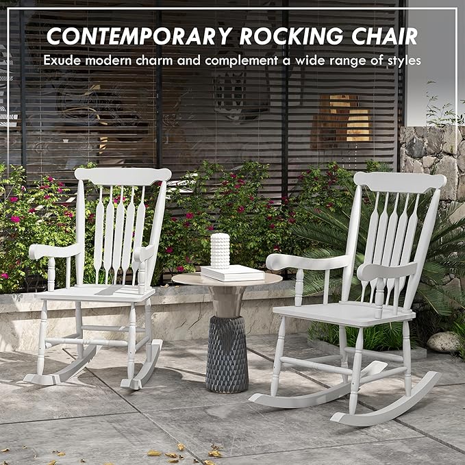 Outsunny Outdoor Wood Rocking Chairs Set of 2, 350 lbs. Porch Rockers with High Back for Garden, Patio, Balcony, White