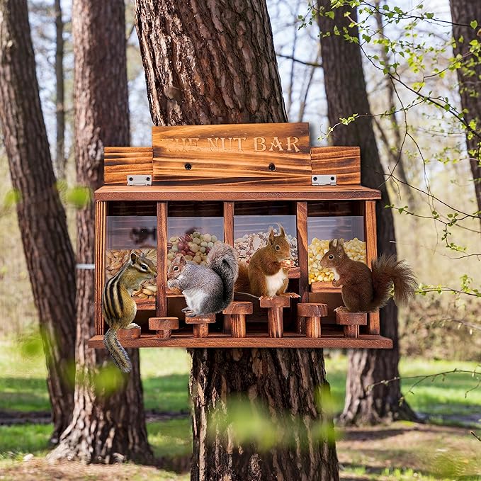 CODIN Squirrel Feeder Table, Wooden Squirrel Picnic Table Feeder, Durable Squirrel Feeder Corn Cob, with Solid Structure, Stable Squirrels Stool Bar, 16 x 12 x 7 Inches (Burnt Wood)