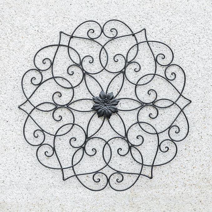 Glitzhome Black Metal Wall Art Decor, 23”H Floral Iron Wall Decor with Ornamental Scroll Design, Indoor Outdoor Wall Accent for Garden Porch Patio