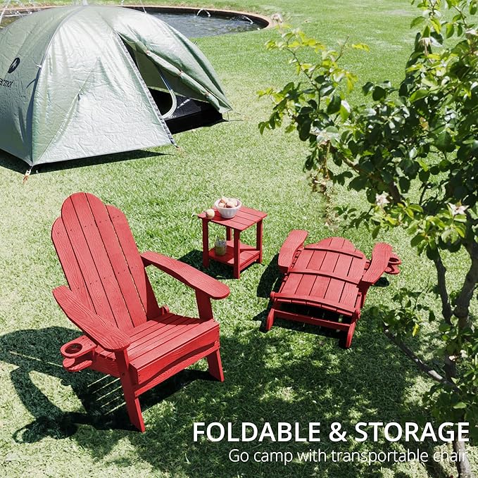 LUE BONA Folding Adirondack Chair Set of 4, Bright Red HDPS Weather Resistant Outdoor Chair with Cup Holder for Tailgate Party Backyard