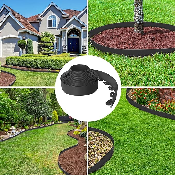 4-Inch x 50 FT Landscape Edging Border with 75 Spikes, Garden Edging Lawn Border Kit, Plastic Edging Border Flexible for Garden Flower Beds Lawn Yard Pathway Paver Edging (Black)