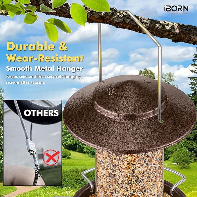 iBorn Bird Feeder Metal Squirrel Chew-Proof Bird Feeders for Outdoors Hanging Outside for Cardinal, Holds 1.5LB Seed with 3 Perchs, Brushed Coffee (Seed is not Included)