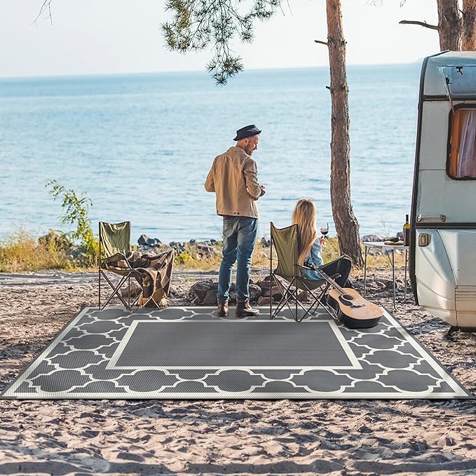 GENIMO 8 ' x 10 ' Outdoor Rug for Patio, Waterproof Indoor Outdoor Plastic Straw Rugs Carpet, Reversible Outside Area Mat for Camping, Balcony Porch, Deck, Picnic, Beach Grey & Beige White