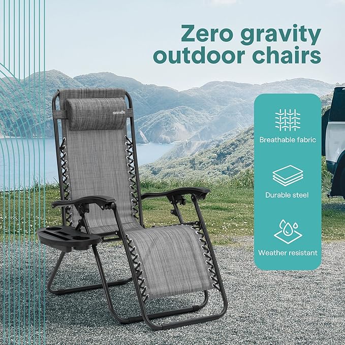 SereneLife Zero Gravity Chairs Set of 2 - Adjustable Steel Mesh Lawn Chairs - Outdoor Lounge Chairs with Detachable Cup Holder Tray - Foldable Outdoor Chair with Removable Pillows - Grey