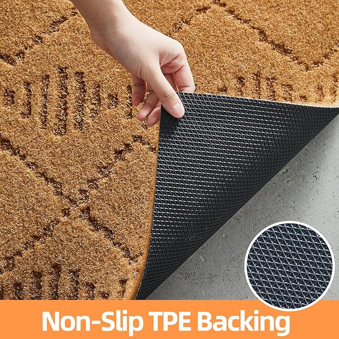 Front Door Mat Indoor Outside Entrance, Heavy Duty Dirt Trapper Coir Doormat with Non Slip Backing Entryway Rug for Front Back Door, 17x30, Brown