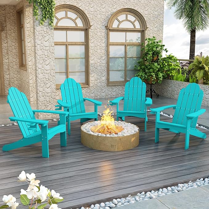 LUE BONA HDPS Adirondack Chairs Set of 8, Fire Pit Outdoor Chair Weather Resistant with Cup Holder, Modern Plastic Chair Plastic for Patio, Deck, Proch, 350LBS, Aruba Blue