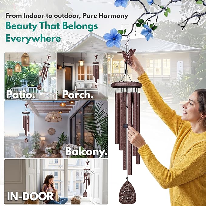 Hummingbird Memorial Wind Chimes for Loss of Loved One - 35" Long Sympathy Wind Chimes for Outside, Bereavement, Remembrance, Funeral Gift for Mother, Dad, Husband, Son & Sister