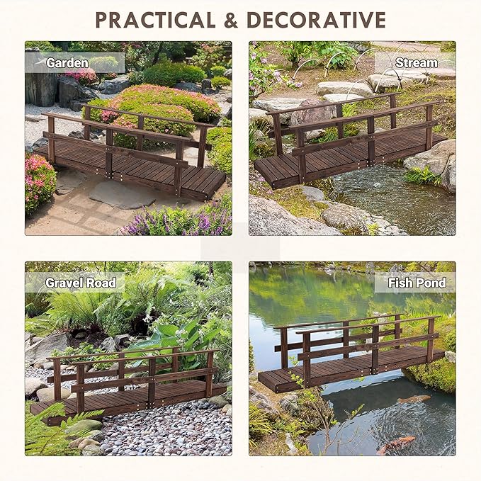 7 ft Pine Wood Garden Bridge with Safety Rails, Backyard Footbridge for Ponds, Creeks, Streams
