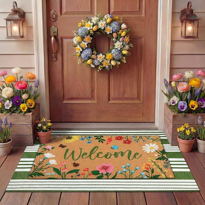 Tinideya 2 Pcs Spring Welcome Door Mat Floral Outdoor Layered Doormats for Front Door Non Slip Wildflower Coir Floor Mat Green White Stripe Rugs for Outside Front Porch Entryway Decor