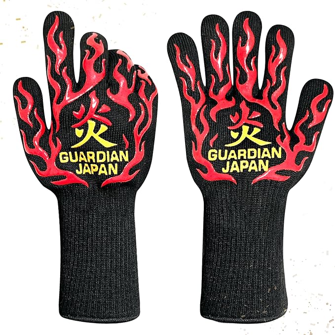Premium Heat Resistant BBQ Gloves – Fireproof 1472°F Aramid Grill Mitts for Barbecue, Smoker, Campfire, Fire Pit, Oven, Japanese Supervised Design (炎-HONO-Red, L)