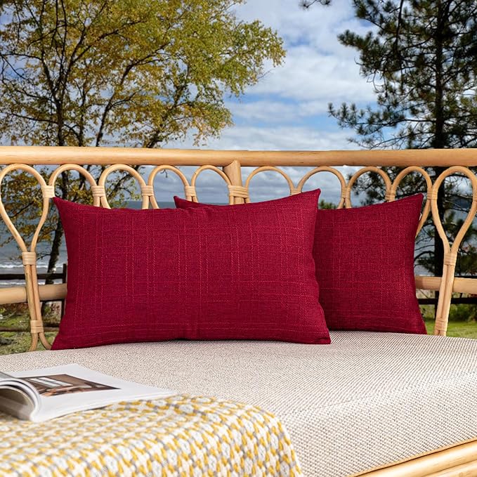 Kevin Textile Outdoor Waterproof Lumbar Pillow Covers 14x24 Inch Pack of 2 Checkered Decorative Rectangle Cushion Throw Pillowcases Shell for Patio Tent Garden Couch Bed Sofa Red