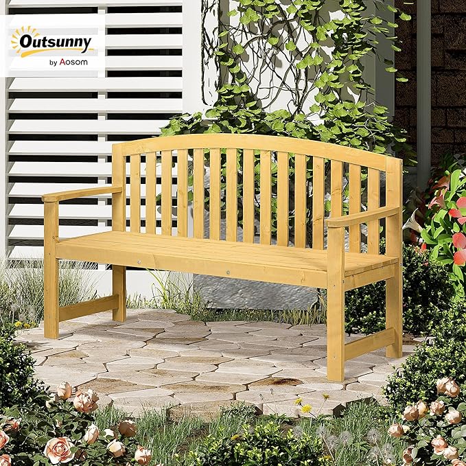 Outsunny 56" Outdoor Wood Bench, 2-Seater Garden Bench with Backrest and Armrest, Patio Bench for Patio, Porch, Poolside, Balcony, Natural