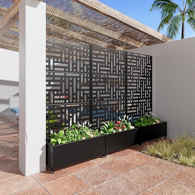 Casaphoria Metal Raised Garden Bed with Trellis and Wheels, 72"x35"x16" Planter Box for Climbing Plants, Vegetables & Vines, Features Drainage Holes and Privacy Screen (Black-Helen)