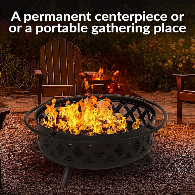 Sunnydaze Crossweave Outdoor Fire Pit - Wood-Burning Fire Pit for Outside with Spark Screen, Poker and Round Cover - 36-Inch - Black