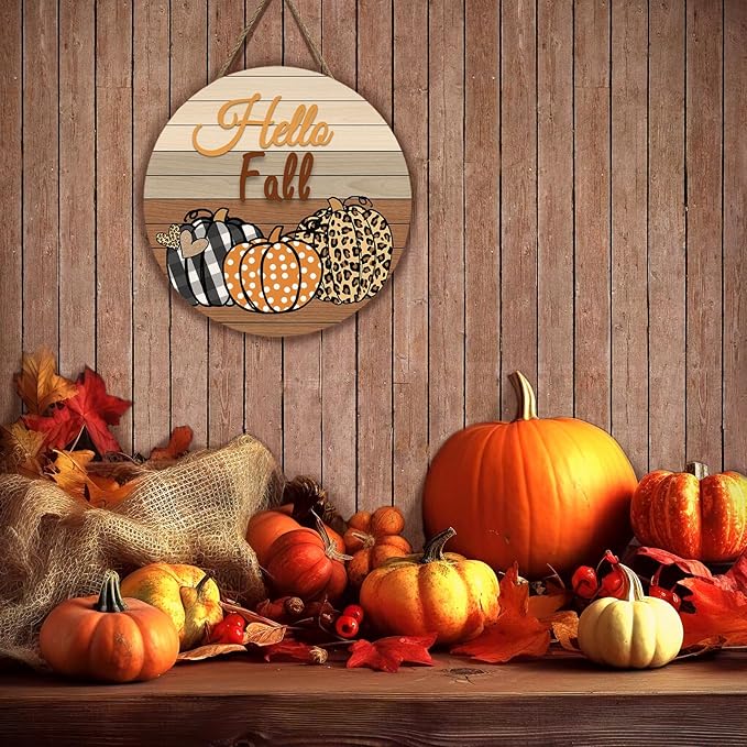 Hello Fall Pumpkin Wooden Door Signs Autumn Harvest Sign Front Door Decor Plaid Pumpkin Farmhouse Door Hanger Decorations for Home Front Door Wall Office Decor