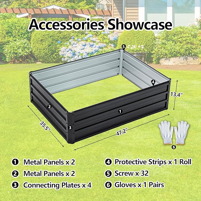 Galvanized Raised Garden Bed 4x3x1ft Outdoor Planter Box Galvanized Steel Garden Bed Kit for Vegetables, Flowers, Herbs and Succulents Black