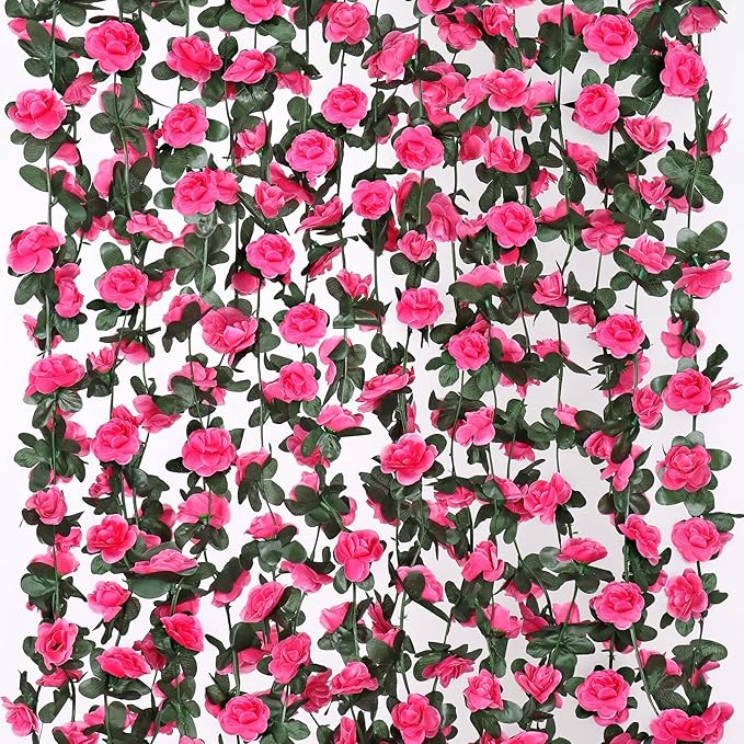 KHOYIME 9 Pack 72 FT Artificial Flower Garland, Fake Hot Pink Roses Vines Silk Flowers Faux Plastic Outdoor Hanging Floral Ivy Garland Decoration for Wedding Arch Bedroom Home Wall Backdrop Room Decor