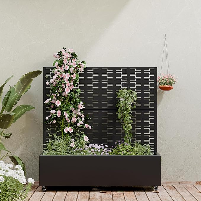 Casaphoria Metal Raised Garden Bed with Trellis and Wheels, 47"x47"x16" Planter Box for Climbing Plants, Vegetables & Vines, Features Drainage Holes and Privacy Screen (Black-Brick)