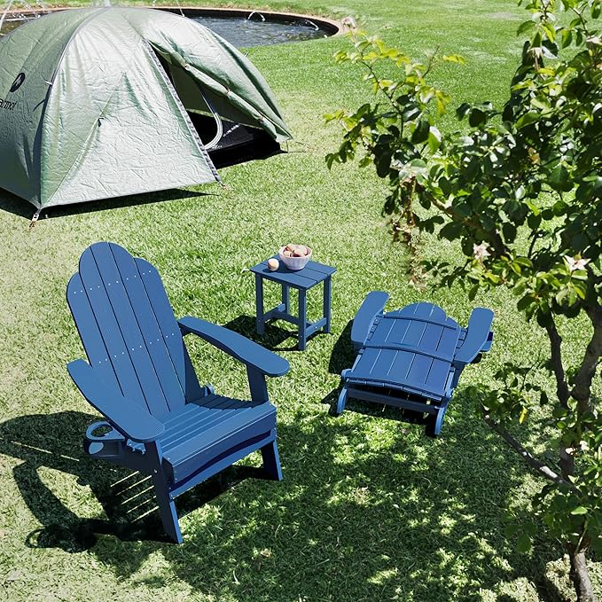 LUE BONA Folding Adirondack Chair Set of 2, Navy Blue HDPS Weather Resistant Outdoor Chair with Cup Holder for Lake House Poolside