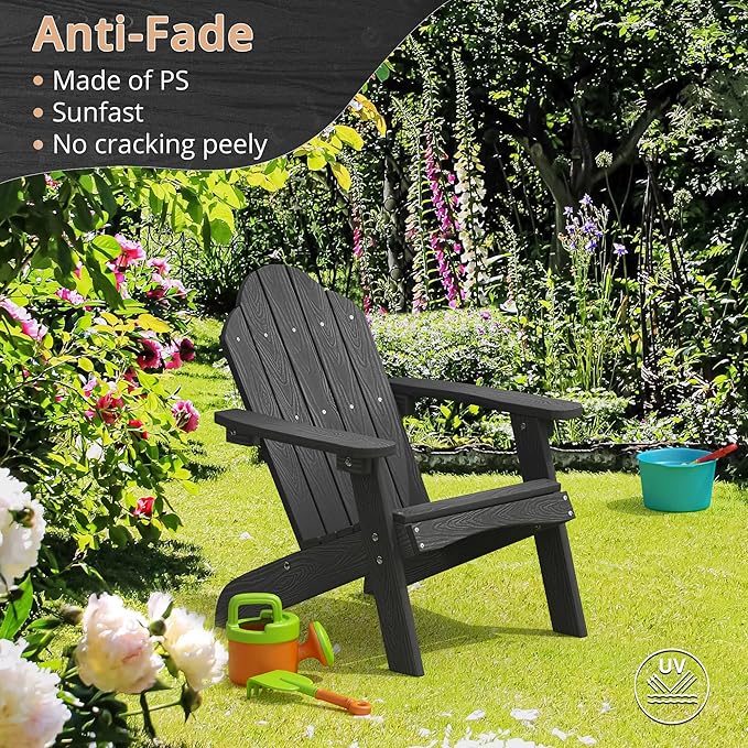 LUE BONA Kids Adirondack Chairs Set of 2, Black Poly Resin Adirondack Chair, Toddler Adirondack Chair Weather Resistant, Kids Outdoor Patio Adirondack Lounge Chair for Balcony, Backyard
