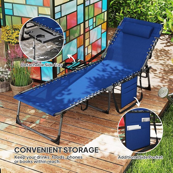 Outsunny Folding Chaise Lounge Chair Outdoor Tanning Chair with Side Table, 5-Level Adjustable Beach Lounge Chair with Headrest, Side Pocket for Patio, Backyard, Beach, Poolside, Dark Blue