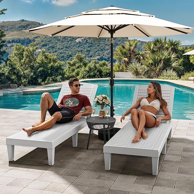 YITAHOME Outdoor Chaise Lounge Chair, Plastic Pool Chaise Lounge with 5-Position Backrest, Easy Assembly & Waterproof for Patio & Poolside, Grayish-White