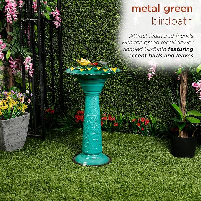 Alpine Corporation ORS112GN Vintage Metal Pedestal Birdbath with Stand, Shallow Bird Bath Bowl for Outside, 28" H, Green
