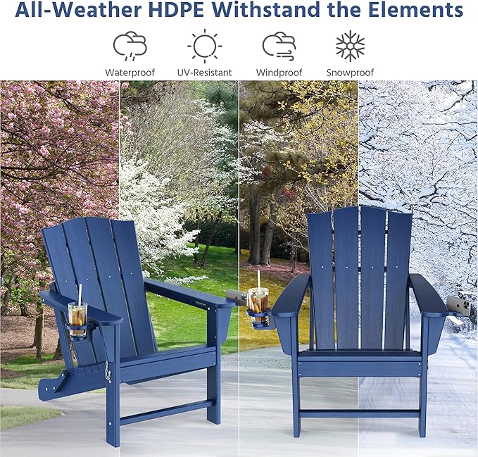 Yaheetech Folding Adirondack Chair Outdoor, HDPE Weather Resistant with Cup/Mobile Phone Holder for Deck, Patio, Pool, Backyard, 380lb Weight Capacity, Easy Assembly, Navy Blue