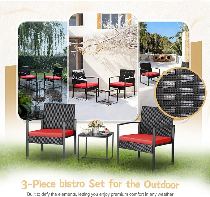Greesum 3 Piece Wicker Conversation Bistro Sets Outdoor Patio Set Modern Rattan Chair Furniture Sets with Coffee Table for Yard Garden Porch Lawn (Red)