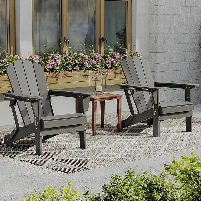 Domi Folding Adirondack Chairs Set of 2, HDPE All-Weather Outdoor Chairs with Cup Holder, Wooden Textured Fire Pit Chairs for Backyard, Patio, Poolside & Deck, Grey