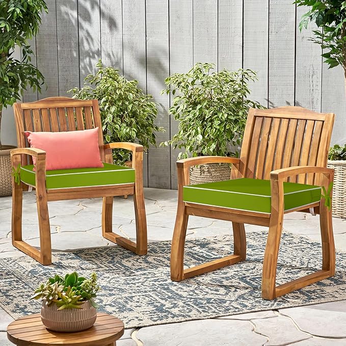 Waterproof Outdoor Chair Cushions Set of 2, Square Outdoor Seat Cushions with Ties and Removable Covers, 22 x 22 Outdoor Cushions for Patio Furniture with Portable Handle(Grass Green/White)