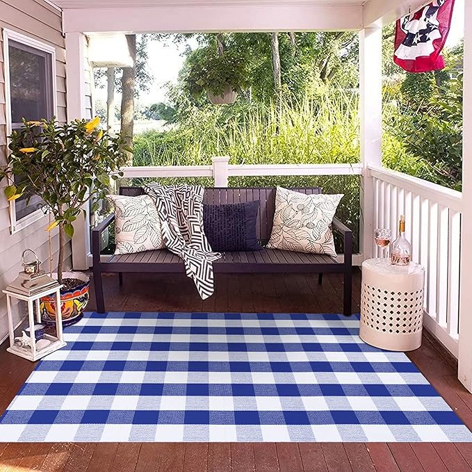 SEEKSEE Cotton Buffalo Plaid Rug 4'x6' Blue and White Hand Woven Checked Rug Washable Doormats Indoor Outdoor Rugs for Layered Front Door Mats, Porch, Kitchen, Farmhouse, Entryway