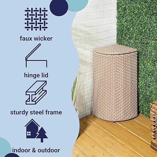 happimess HPM1200D Chloe 15.56-Gallon All-Weather Wicker/Metal Corner Hideaway Outdoor Trash Can, Light Pink/White, Classic, Coastal, Casual Wastebin for Backyard, Patio, Porch, Kitchen