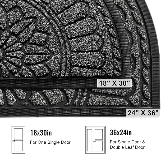 Mibao Front Door Mat Indoor Outdoor Entrance, Semicircular Entrance Mat, Half Round Waterproo Non-Slip Durable Rubber Door Mats, Low Profile Heavy Duty Doormat for Garage, Patio, 30" x 18", Grey