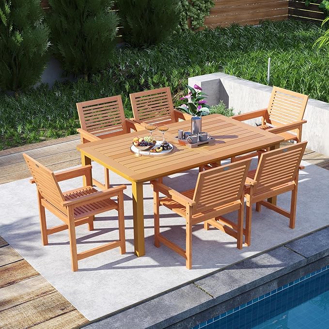 Tangkula 7-Piece Patio Wood Dining Table Set, Outdoor Rectangular Table and 6 Armchairs with 2" Umbrella Hole, Outside Furniture Set for Backyard, Poolside, Garden, Lawn